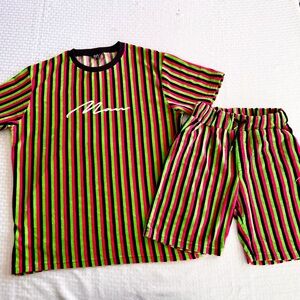 boohooMAN Velour Stripe Short Set Mens Medium Neon Pink Green